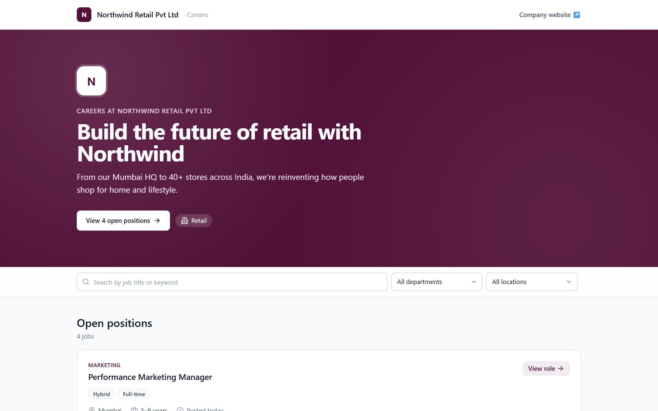 A company's public careers page listing open positions