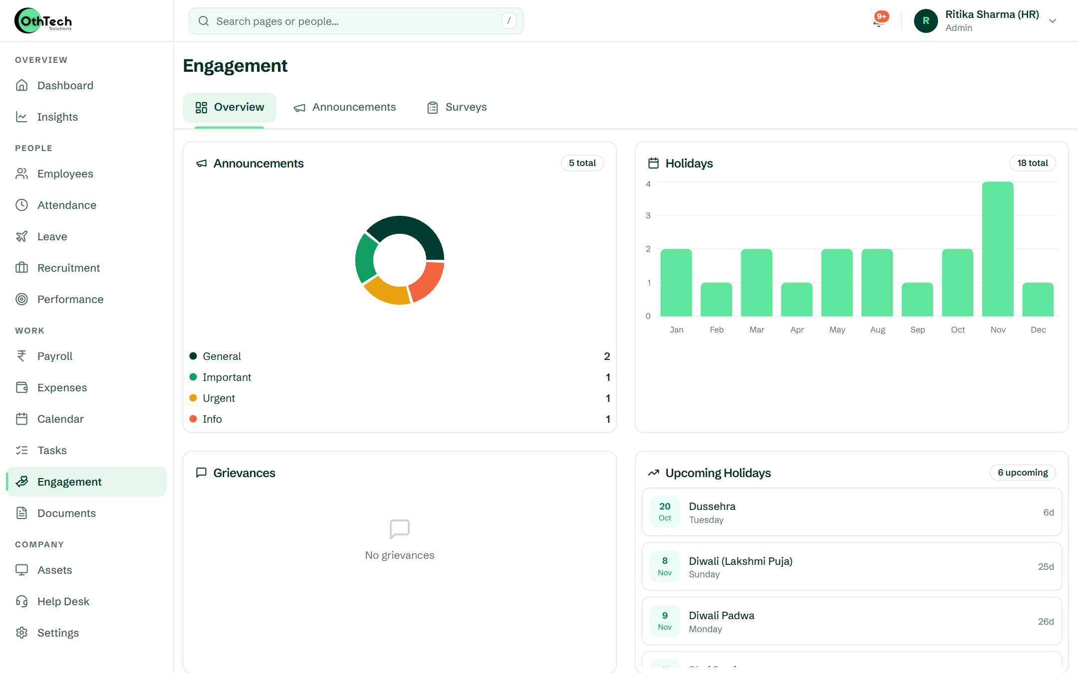 Engagement overview with announcements, holidays and grievances